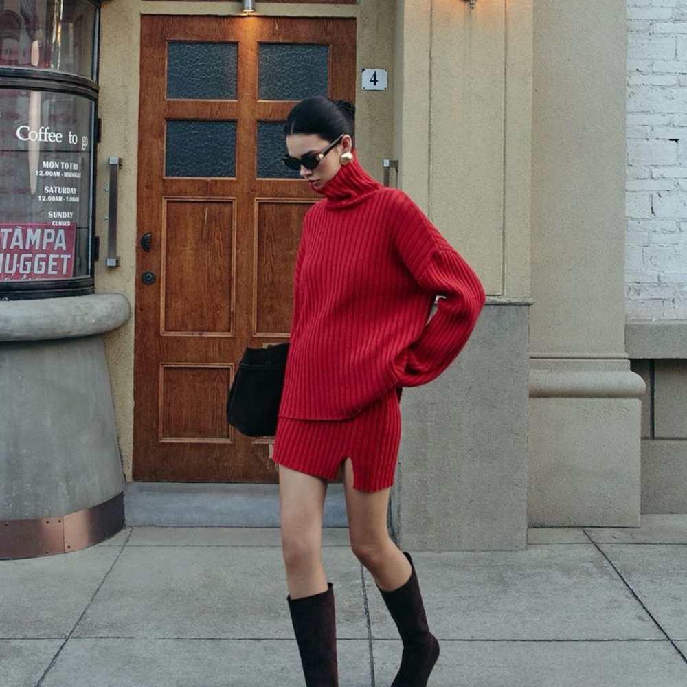 NWT Commense XL Red Plain Ribbed Split Sweater Skirt Set Valentine’s Day - Picture 6 of 8